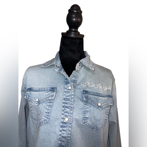 NWT True Religion Light Bliss Wash Logo Georgia Long Sleeve Denim Shirt Sz Small - Picture 6 of 12